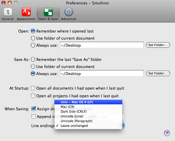 Line Endings preferences for Smultron