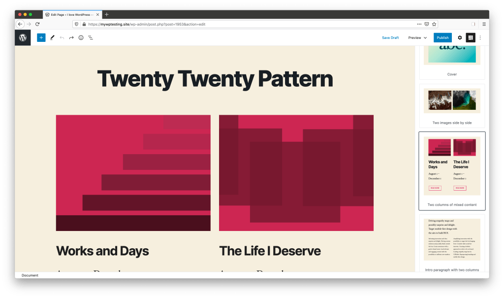 The WordPress editor, with the Block Patterns sidebar open. The newly registered two-column pattern is highlighted within the sidebar.