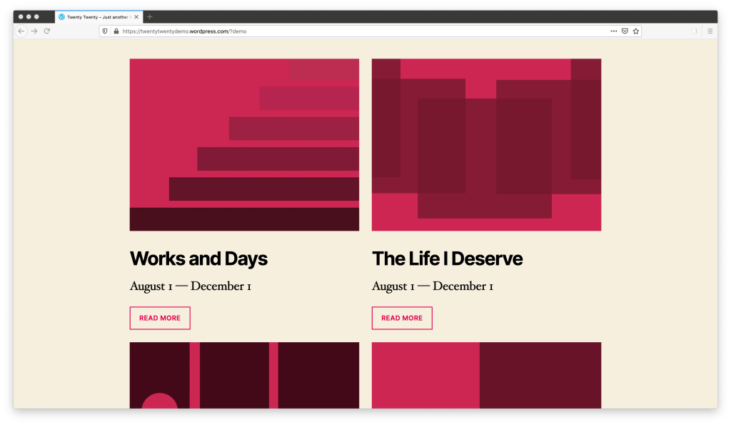 The Twenty Twenty theme demo, showing a section of the page in which four items are arranged in a 2 column grid. The top two are fully visible, and each column contains an abstract red image, a heading, a large paragraph, and then a button that says "Read More."