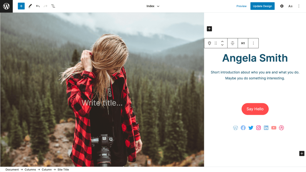 The Gutenberg site editor with a Cover block on the left side, and a site title, description, button, and a set of social links on the right.